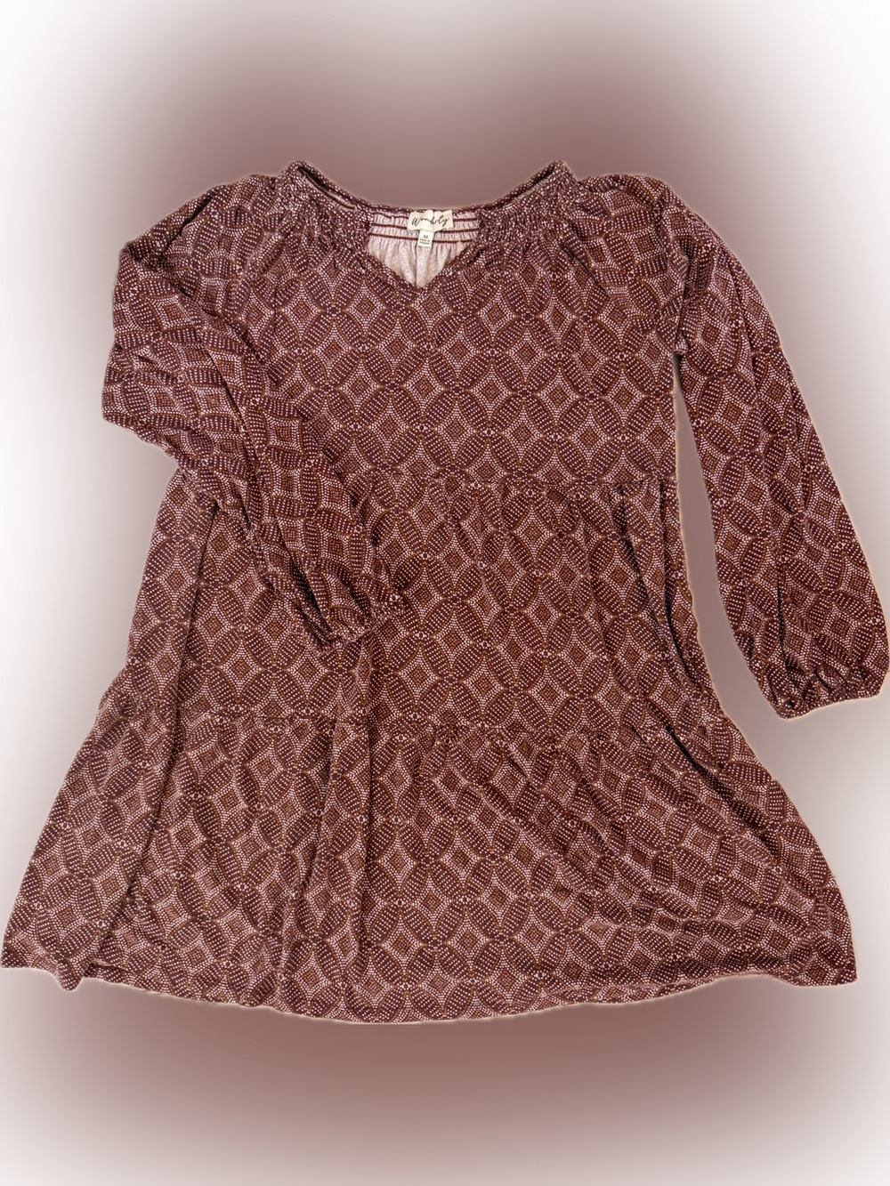 Wonderly Burgundy Patterned Long Sleeve Dress